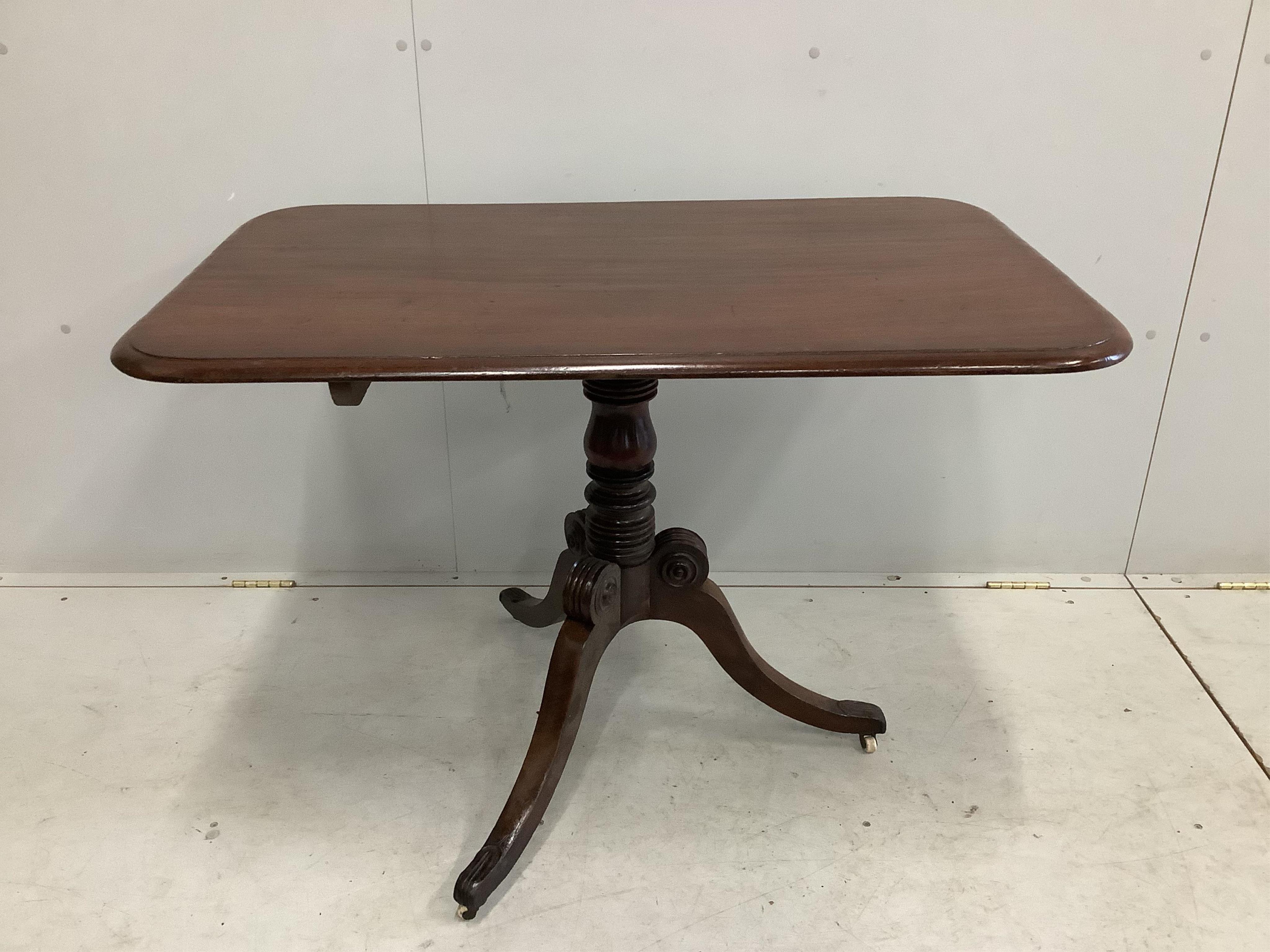 A William IV rectangular mahogany tilt top tea table, width 102cm, depth 64cm, height 72cm. Condition - fair to good